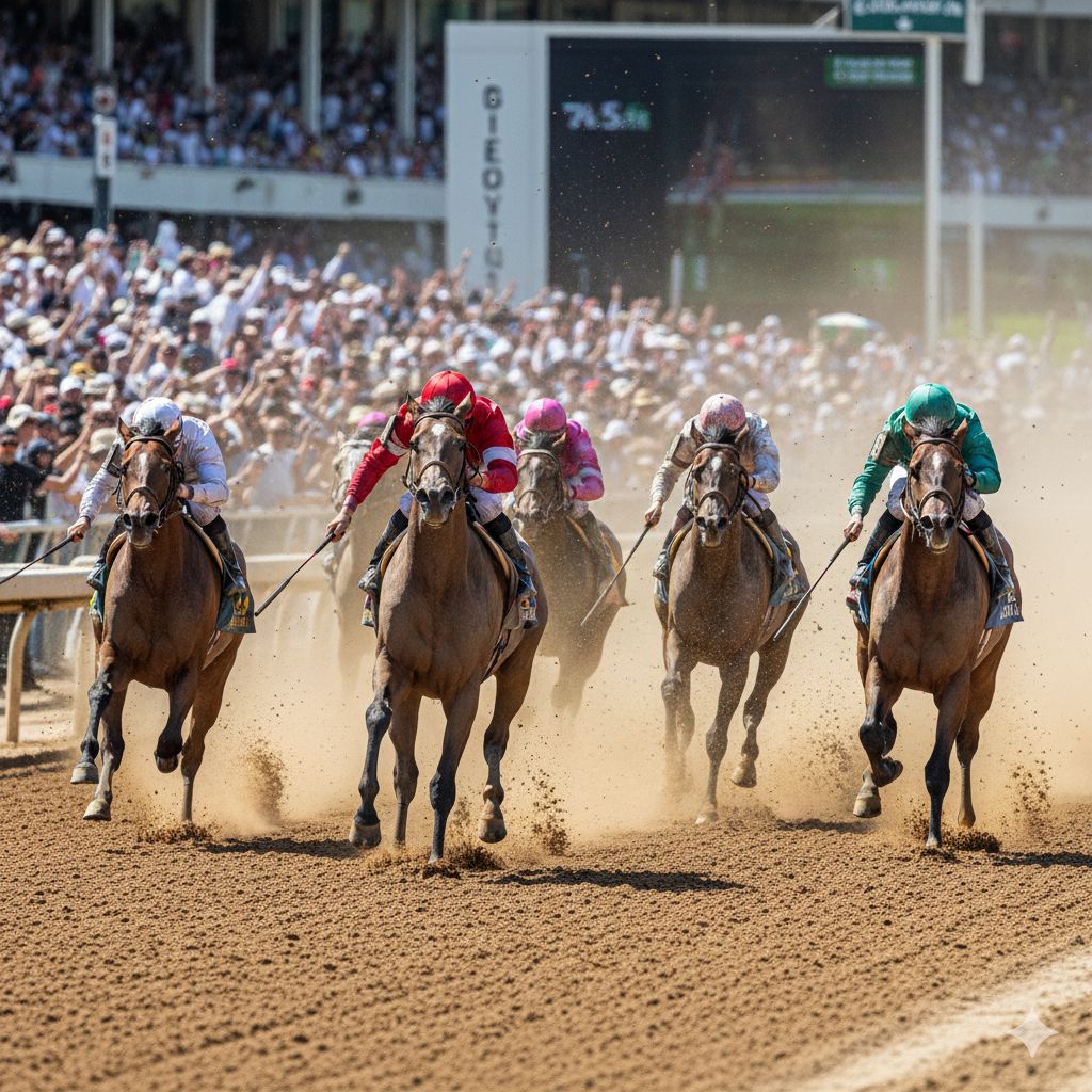 競馬場の迫力あるレースシーン - 熱戦を繰り広げるサラブレッドたち